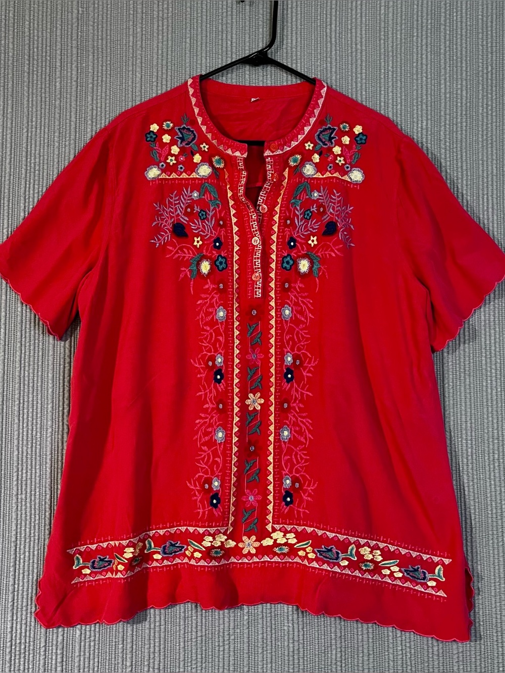 Boho Chic Embroidered Short Sleeve Blouse Coral Orange Womens Plus 3XL Rayon